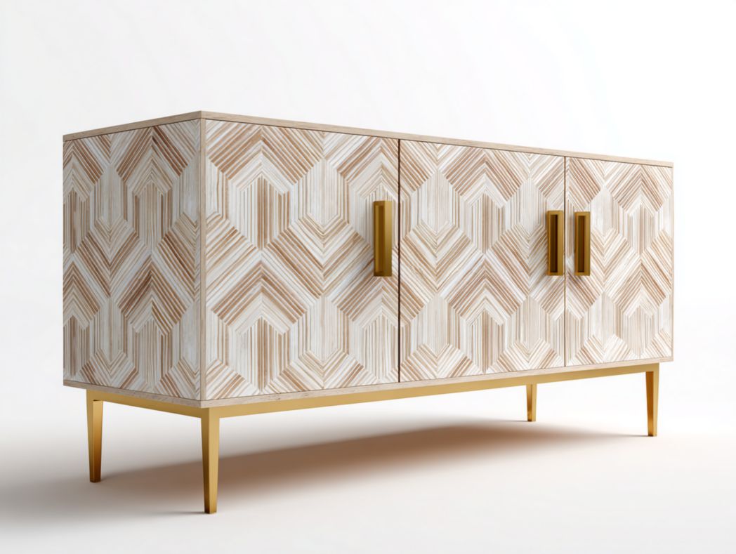 Meuble TV géométrique en bois avec poignées et pieds dorés