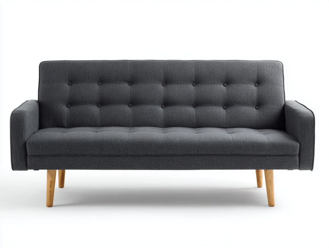 Canapé trois places en tissu gris foncé avec pieds en bois marron clair