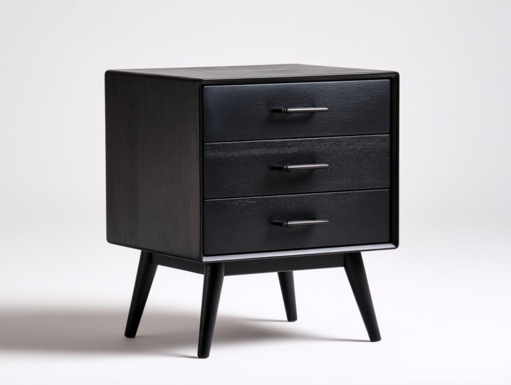 Commode en bois noir avec trois tiroirs et poignées en métal argenté