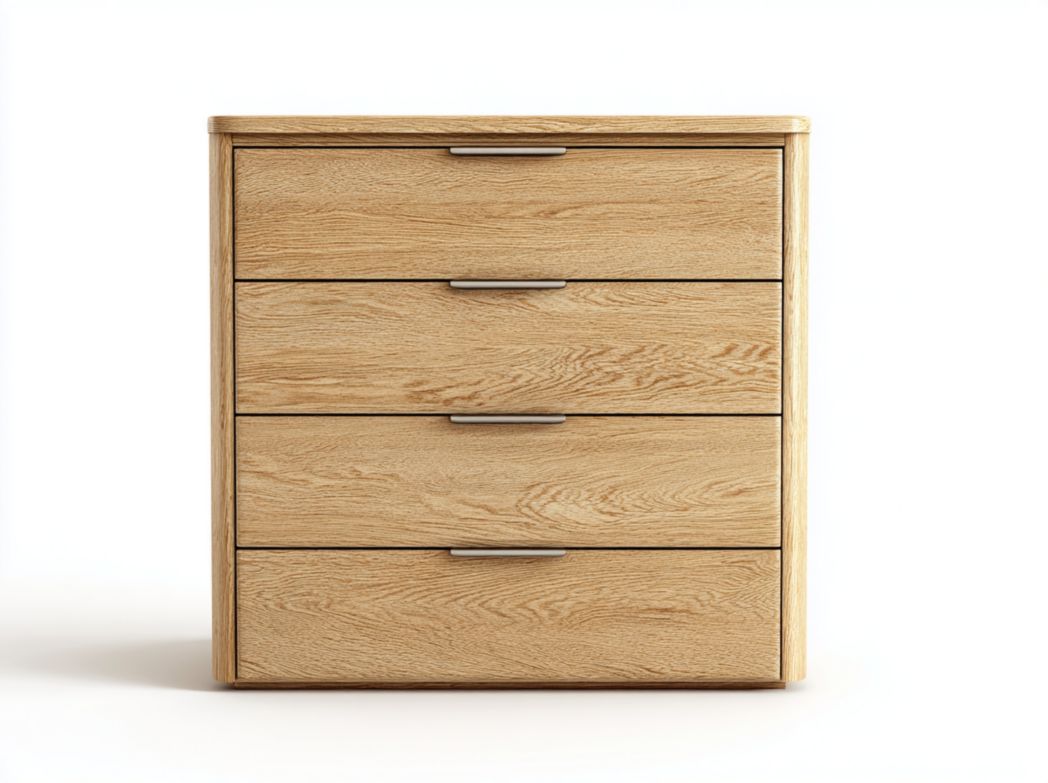 Commode en bois marron clair avec quatre tiroirs et poignées en métal