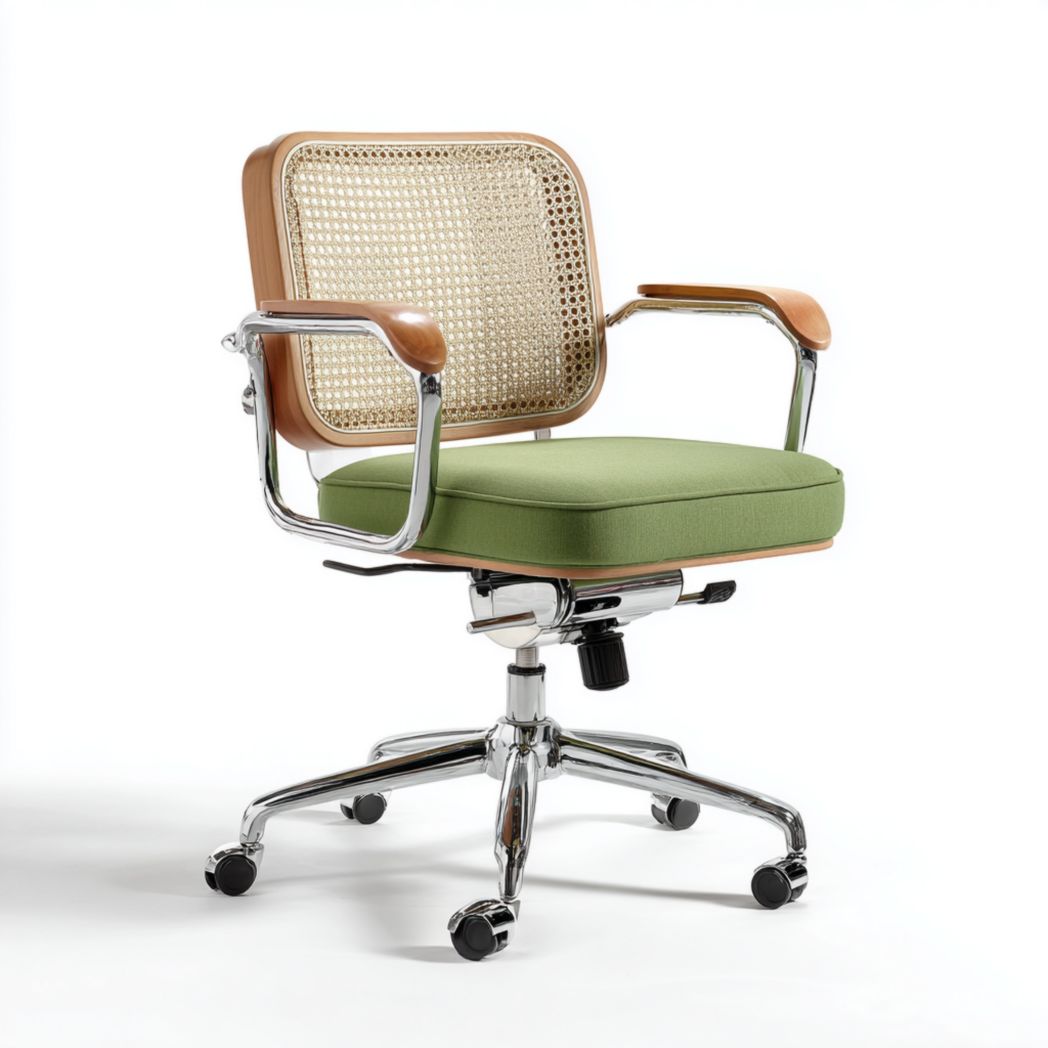 Chaise de bureau pivotante en tissu vert avec dossier en rotin et base en métal argenté