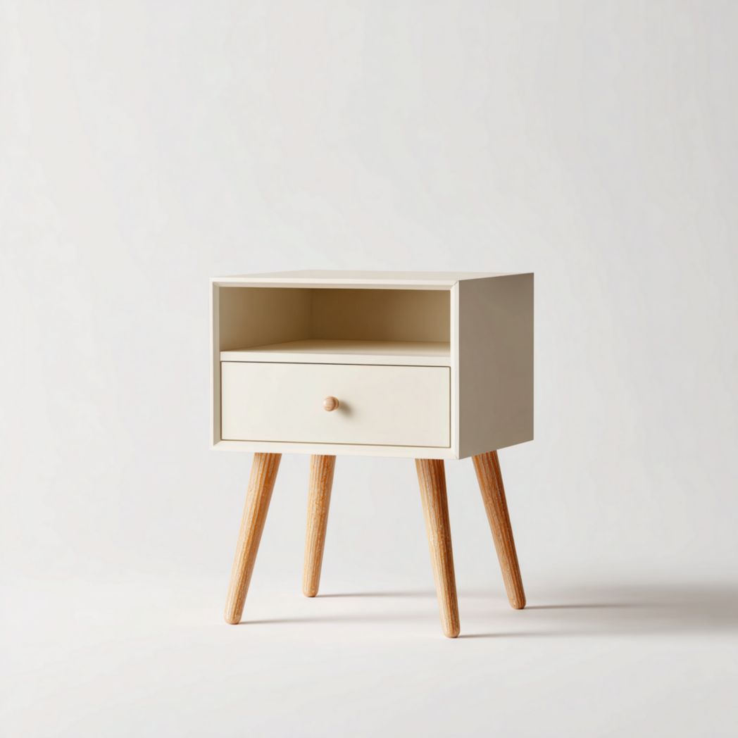 Table de chevet blanc cassé avec tiroirs et pieds cylindriques marron clair
