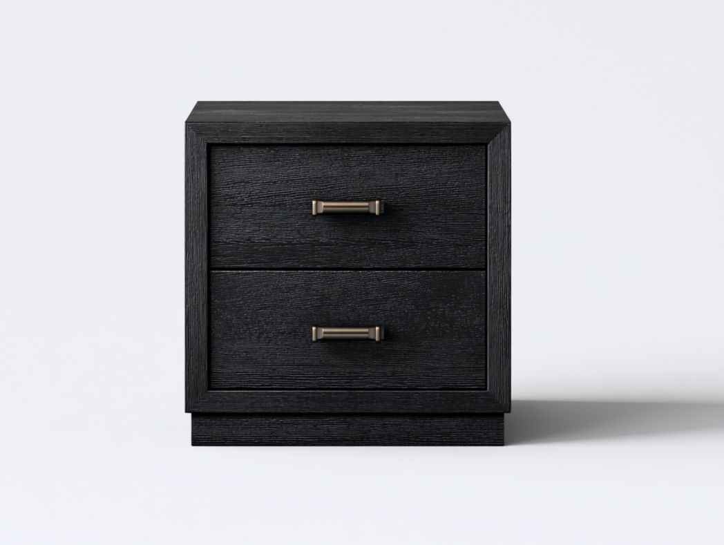 Commode en bois noir avec deux tiroirs et poignées en métal doré champagne