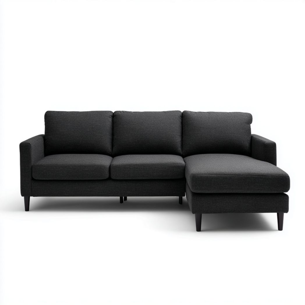 Canapé d'angle en tissu gris foncé avec pieds noirs
