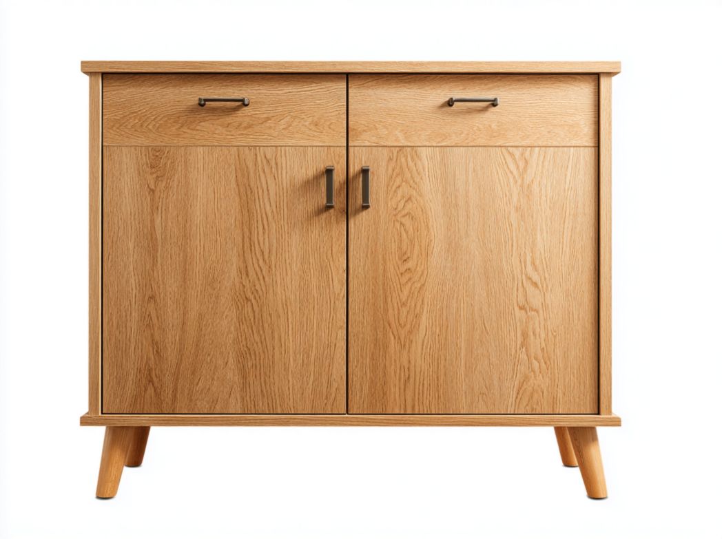 Commode en bois marron clair avec deux tiroirs et deux portes et poignées en métal gris foncé