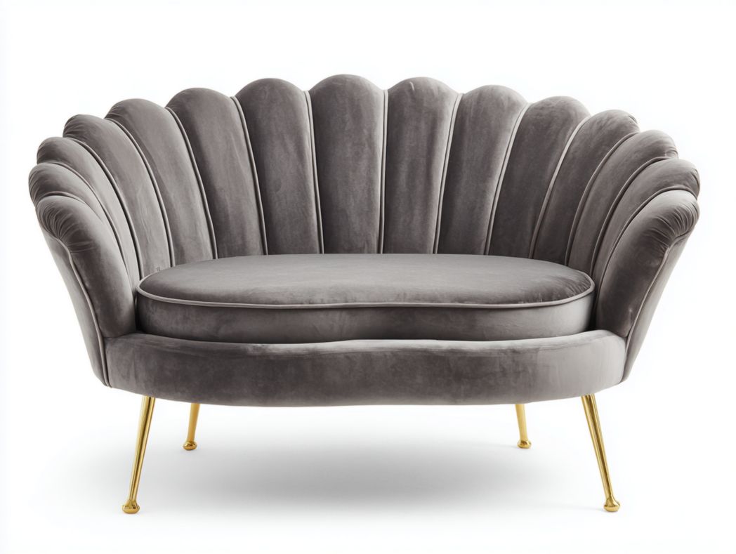 Canapé en tissu gris avec pieds en métal doré et tissu velours