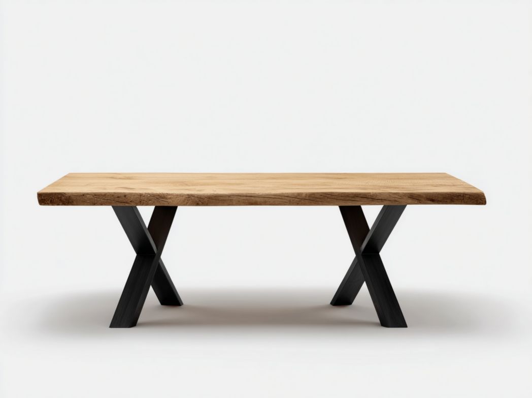 Table à manger marron clair avec pieds croisés en métal noir