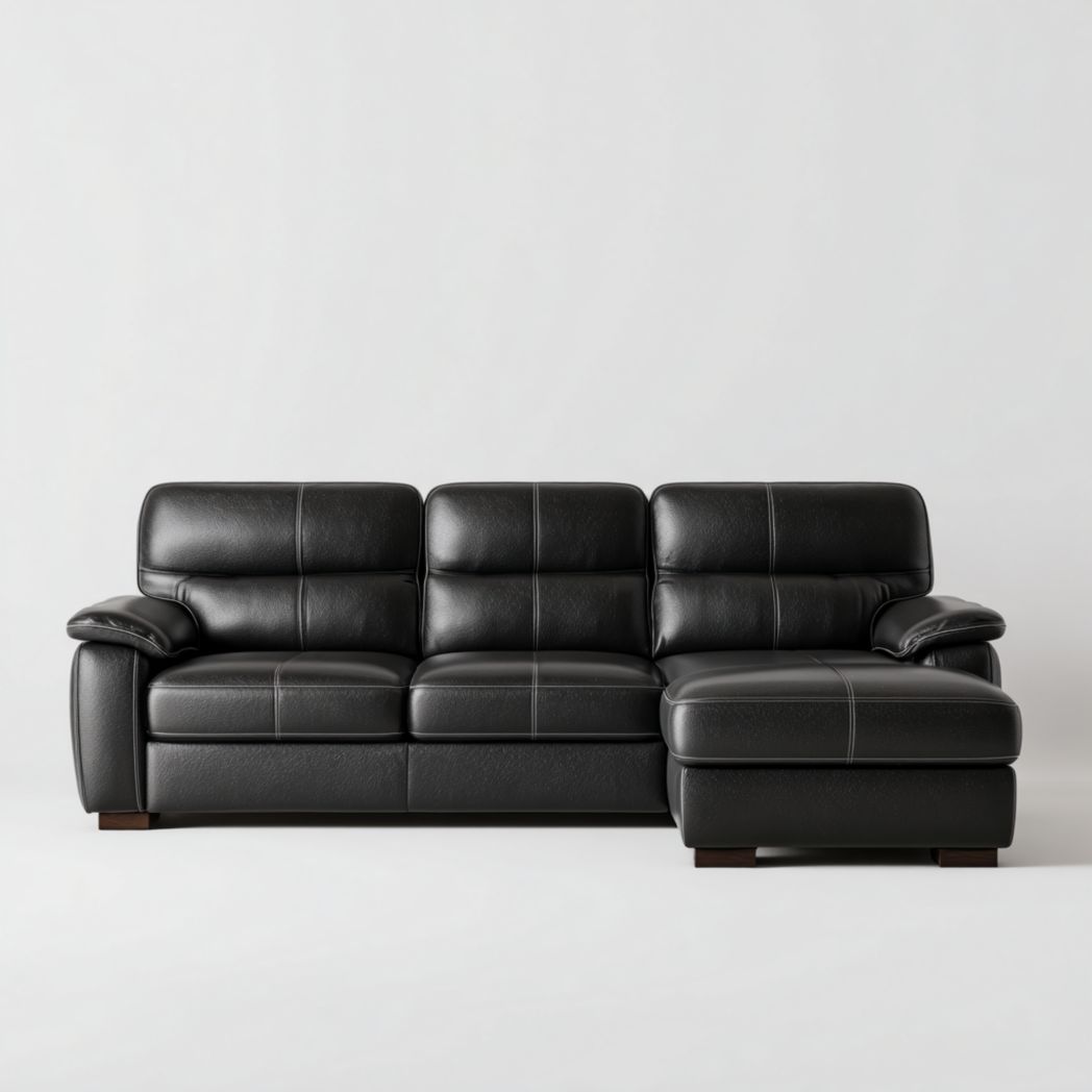 Canapé d'angle en similicuir noir, méridienne droite, pieds en bois marron foncé