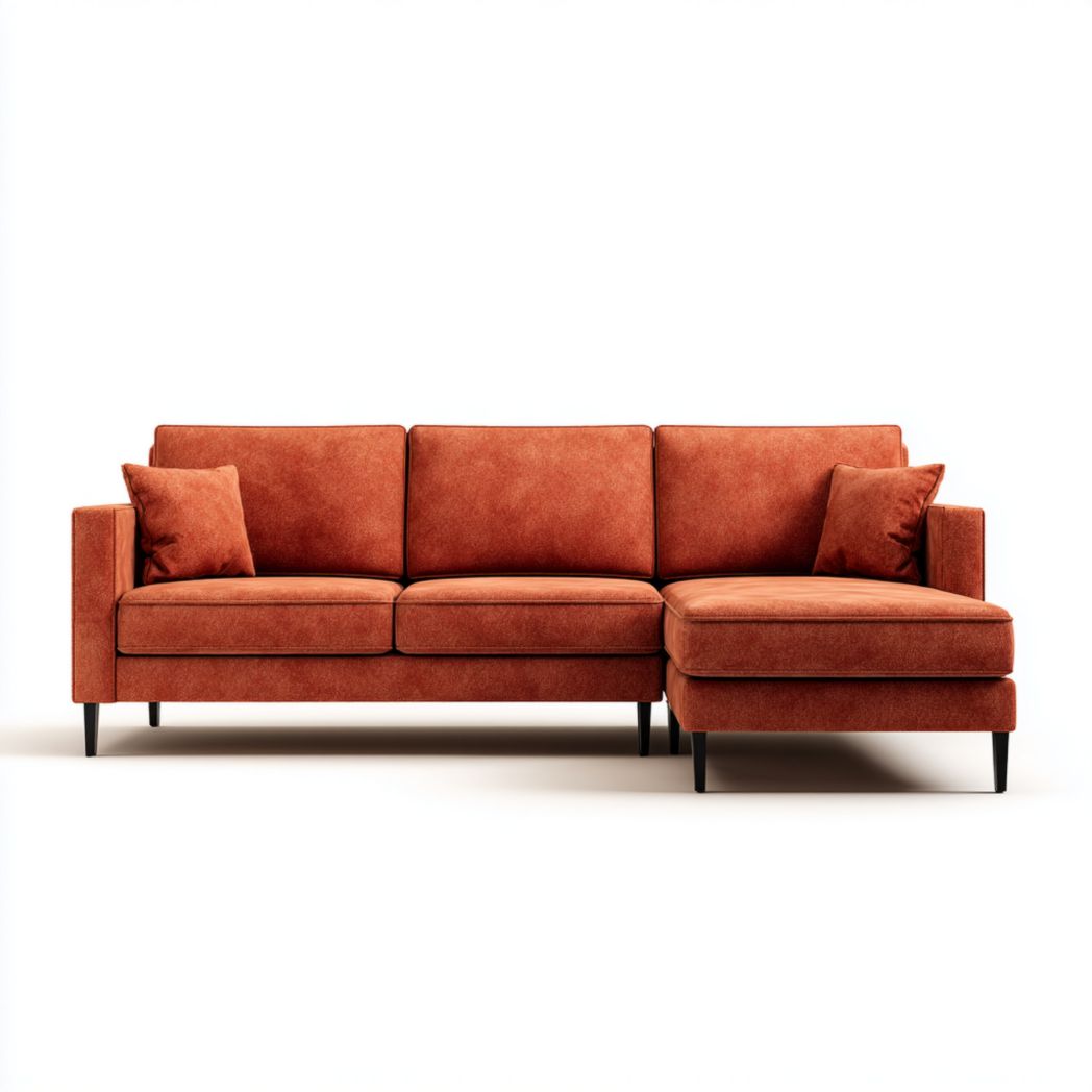 Canapé d'angle en tissu marron orangé avec pieds noirs et 2 coussins