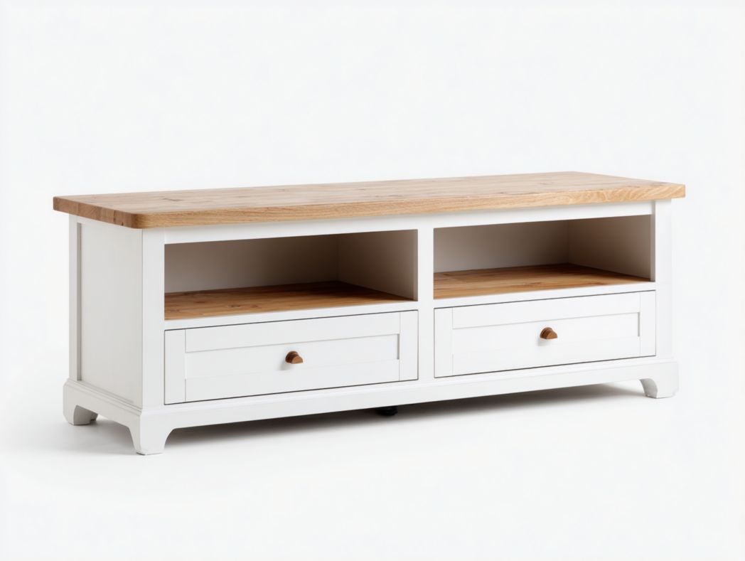 Meuble TV blanc avec deux tiroirs et plateau marron clair