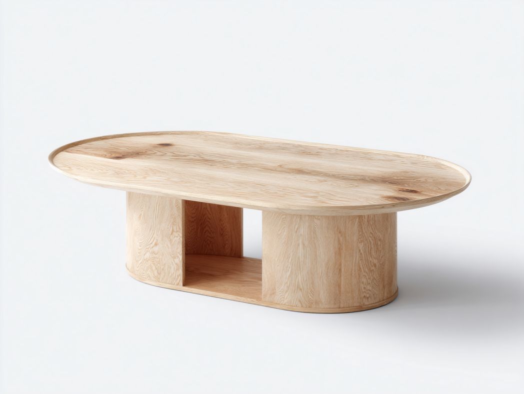 Table basse ovale en bois massif marron clair avec rangement central ouvert