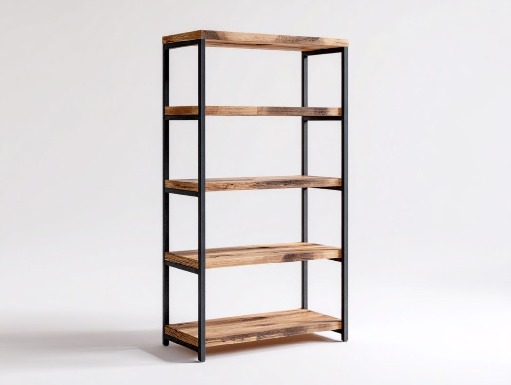 Étagère de rangement marron clair à quatre niveaux avec cadre en métal noir