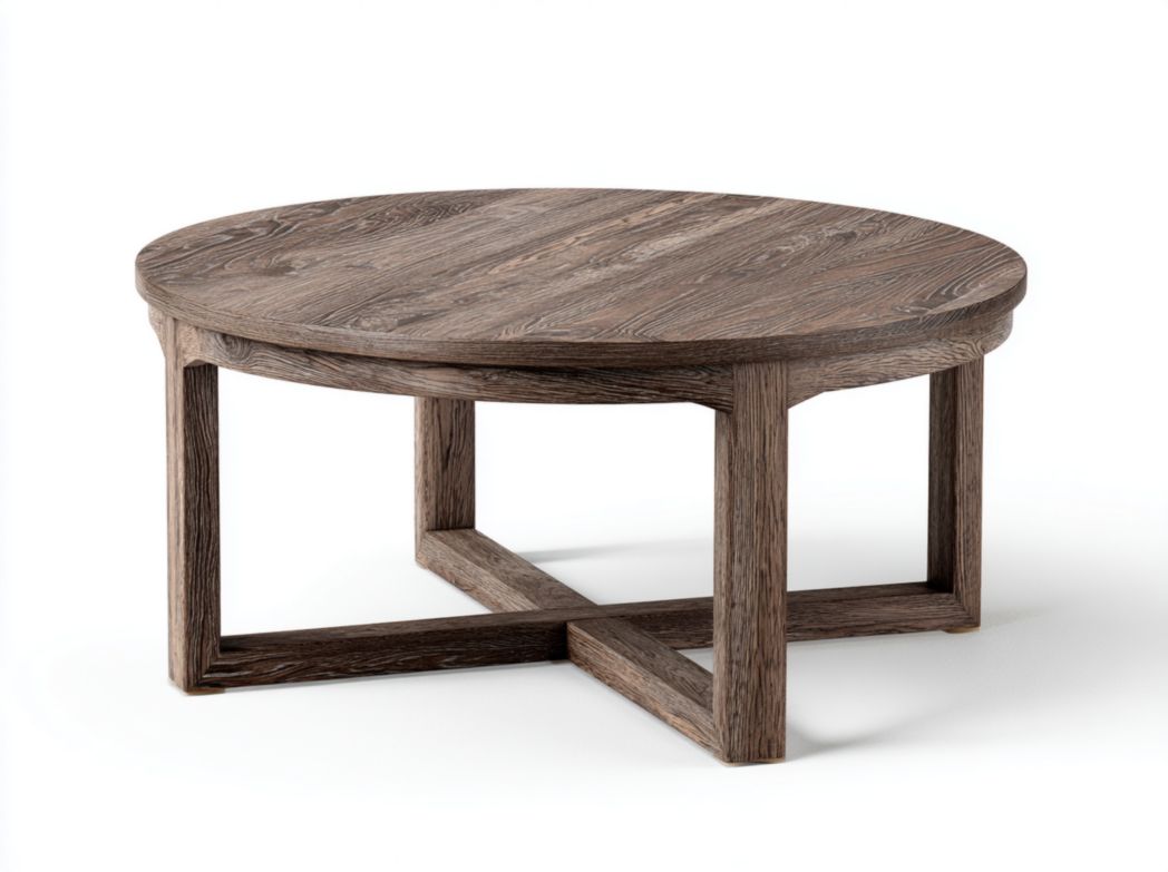 Table basse ronde en bois massif gris-brun foncé avec pieds croisés