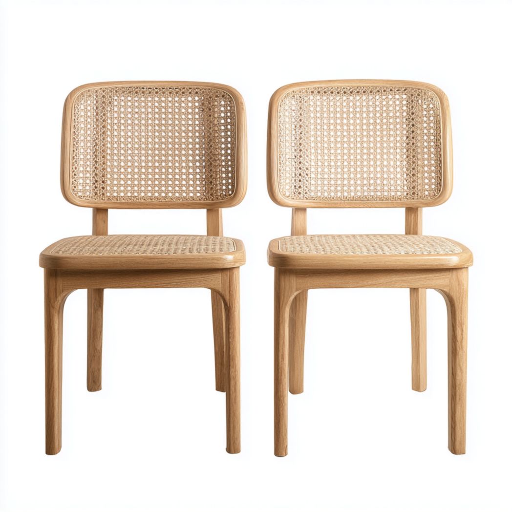 Deux chaises de jardin en bois marron clair avec dossiers et assises en rotin beige