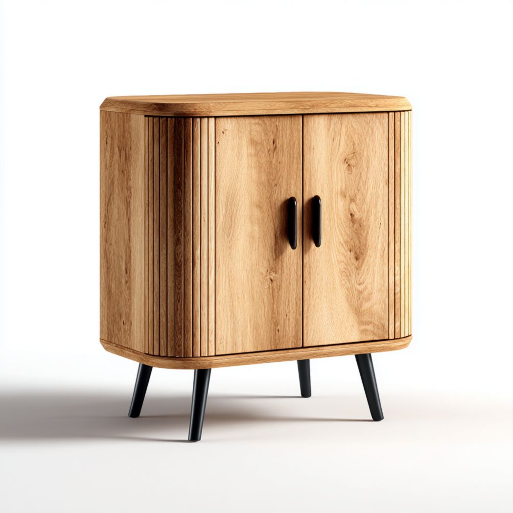 Table de chevet en bois marron clair avec deux portes, poignées et pieds noirs