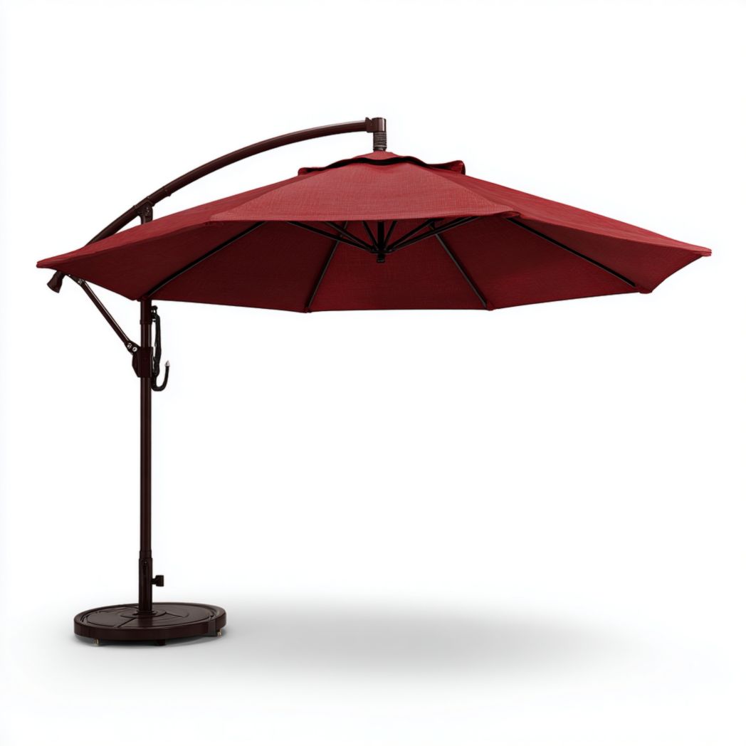 Parasol suspendu bordeaux avec structure en métal marron foncé