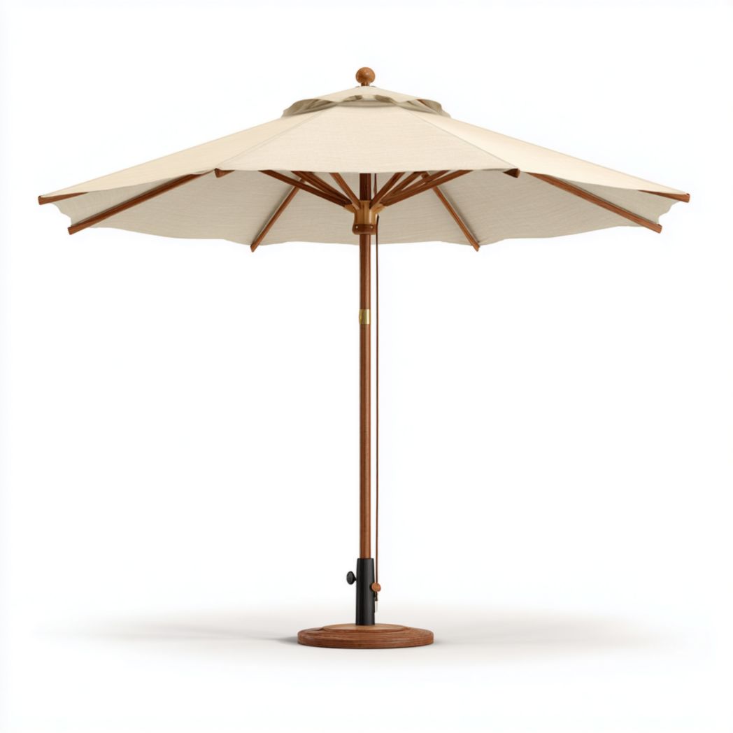 Parasol rond beige avec mât en bois marron
