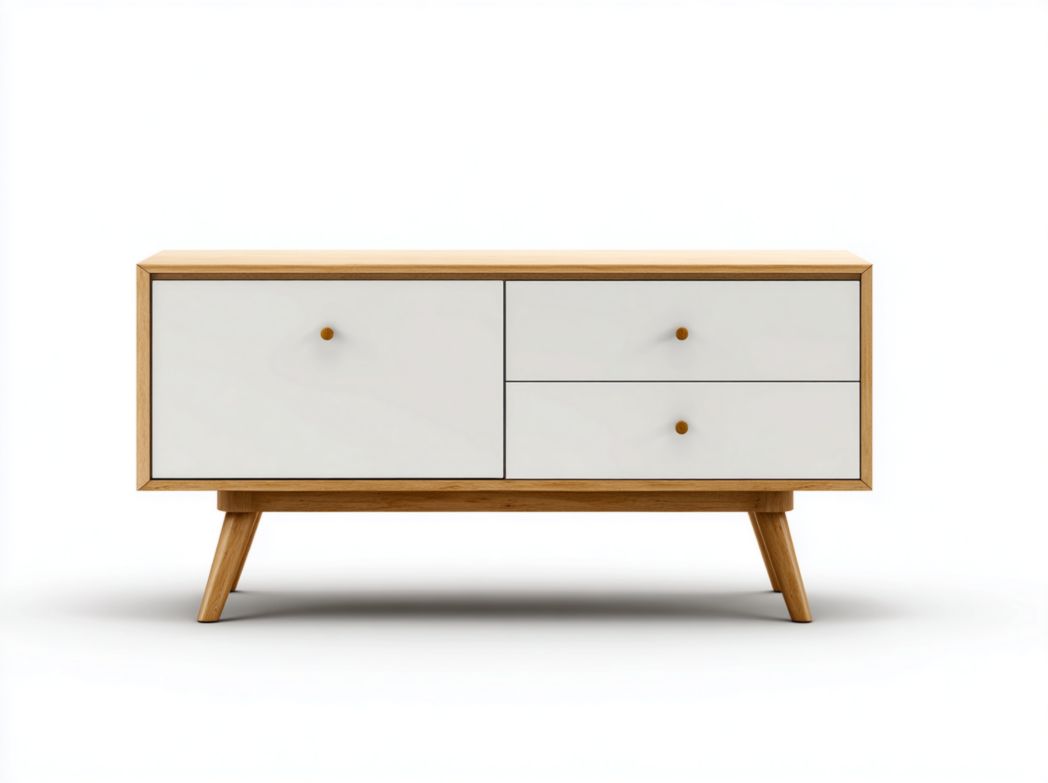 Meuble TV en bois blanc cassé avec cadre marron clair et poignées rondes