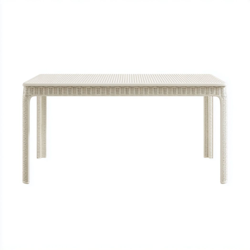 Table de jardin rectangulaire beige clair avec structure en métal et revêtement en rotin