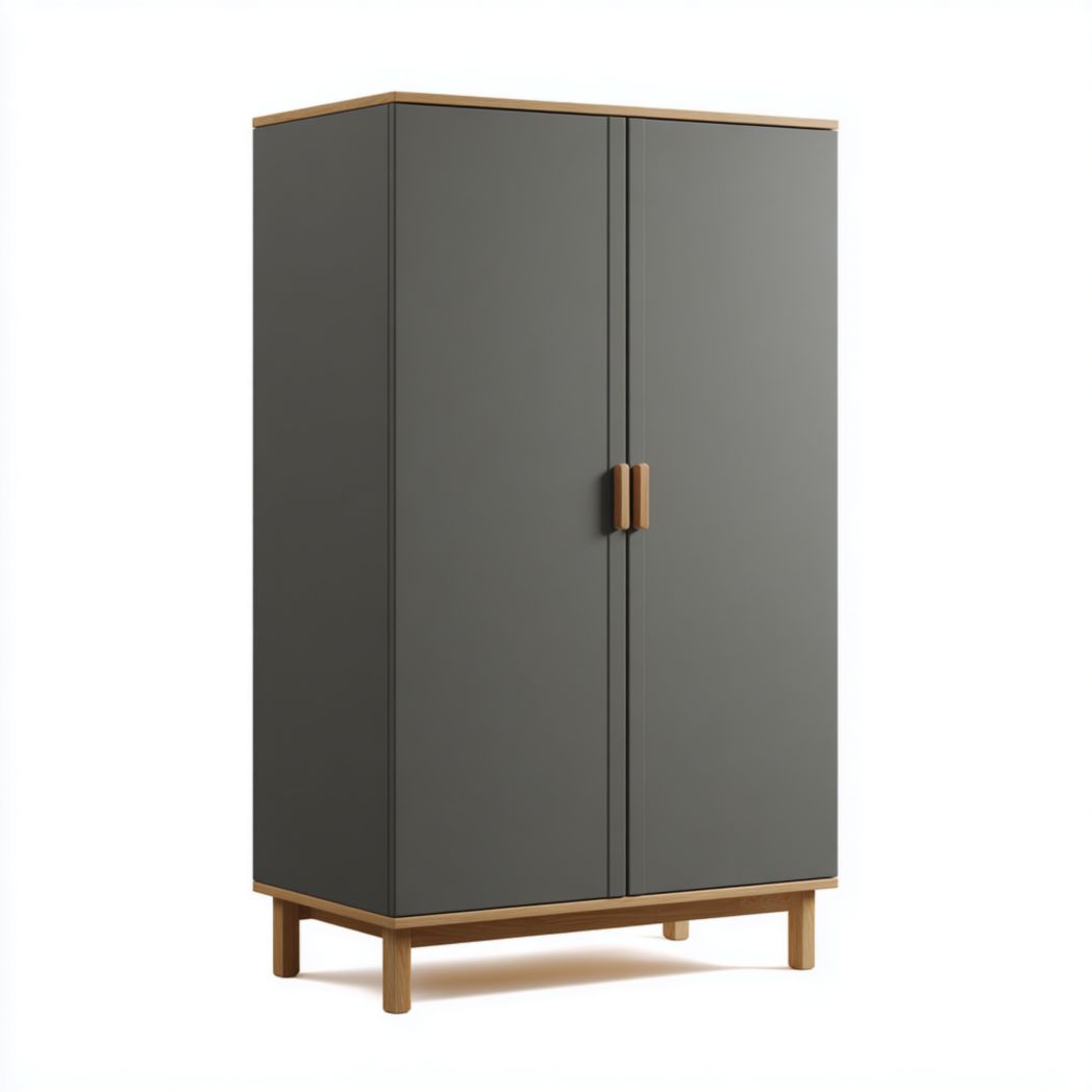 Armoire à deux portes en MDF gris foncé avec pieds et poignées marron clair