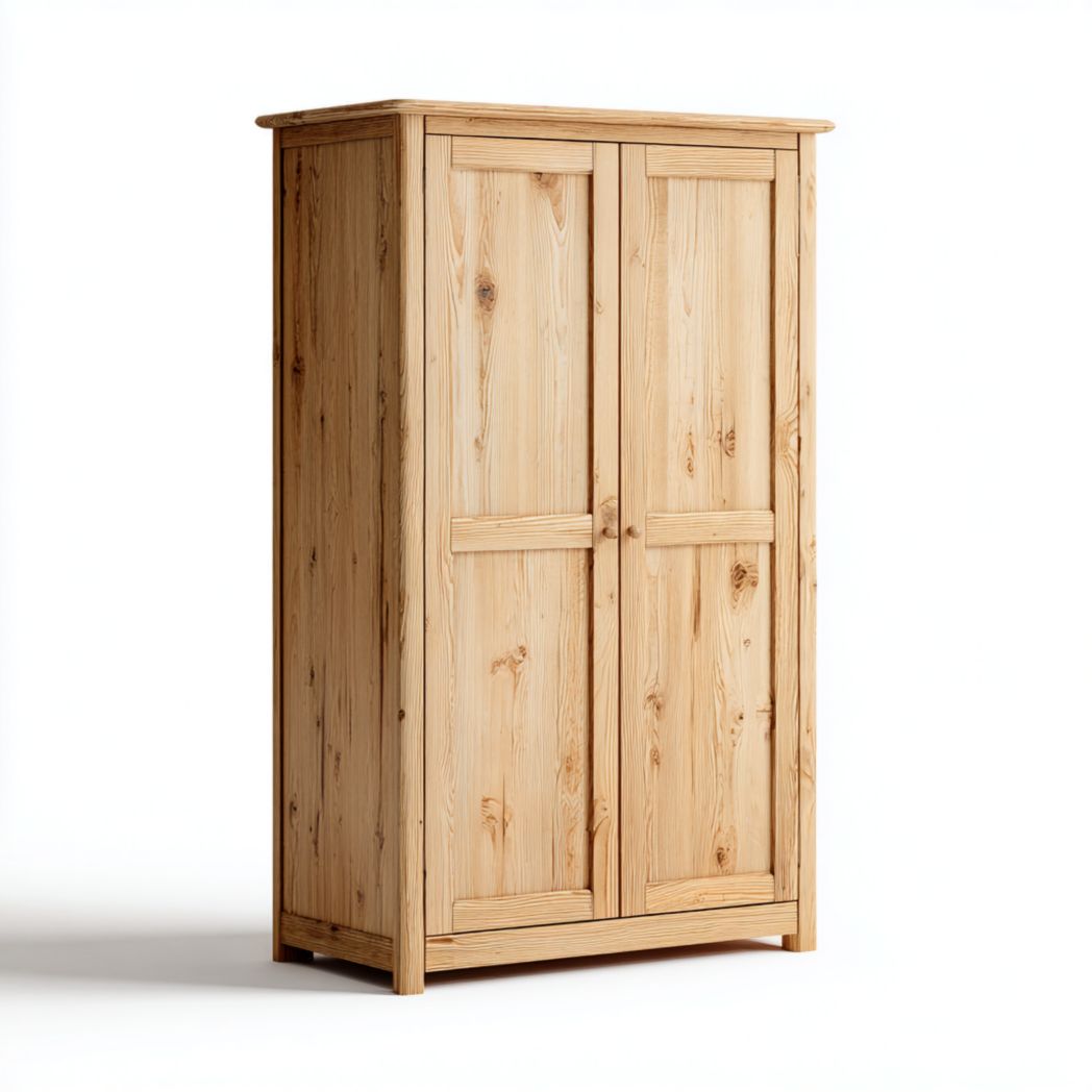 Armoire en pin marron clair à deux portes avec poignées en bois assorties
