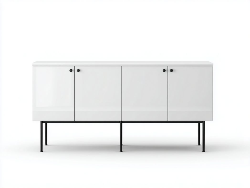 Meuble TV blanc à quatre portes et pieds noirs