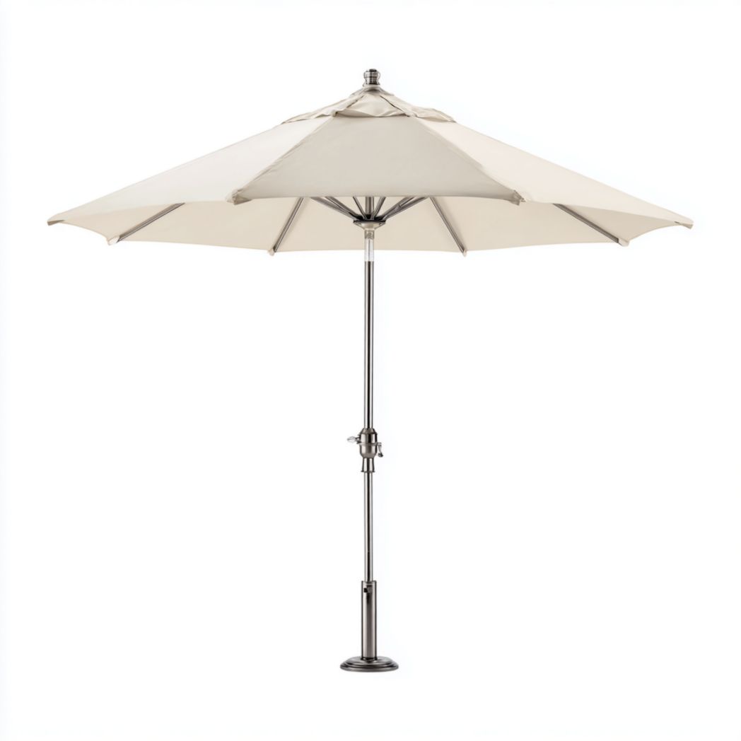 Parasol rond beige clair avec mât en métal argenté