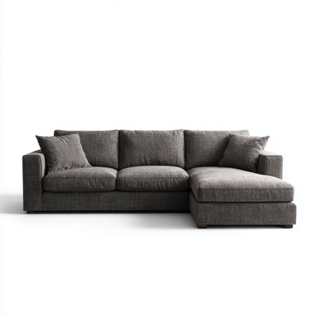 Canapé d'angle en tissu gris foncé avec pieds marron foncé et 2 coussins décoratifs