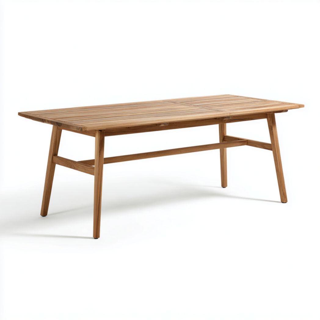 Table de jardin rectangulaire en bois marron clair avec plateau à lattes et pieds inclinés