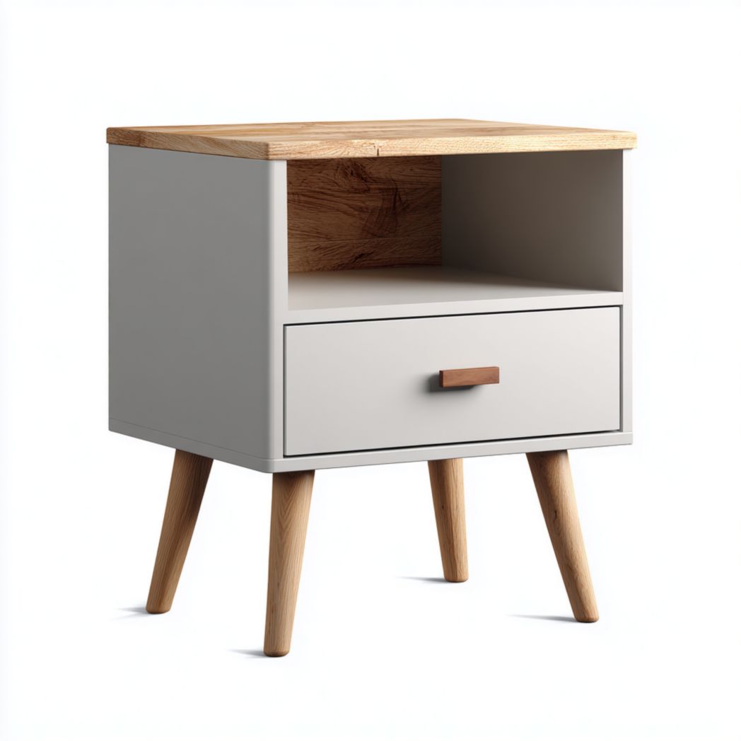 Table de chevet en bois gris clair avec plateau et poignées marron clair