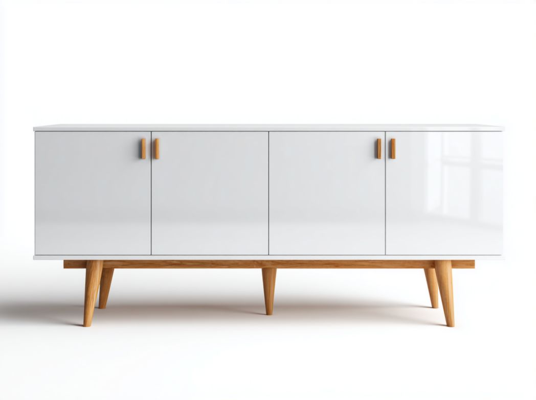 Meuble TV blanc brillant avec pieds et poignées en bois marron clair