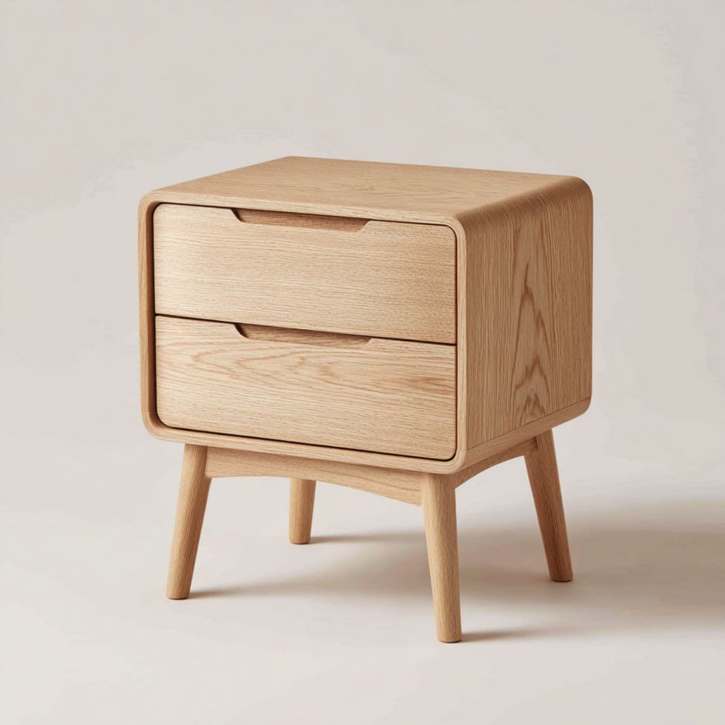 Table de chevet en bois marron clair avec deux tiroirs et sans poignées