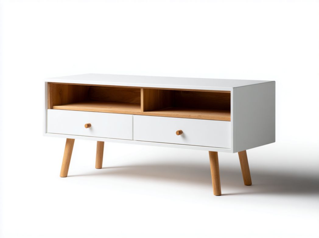 Meuble TV blanc avec pieds marron clair