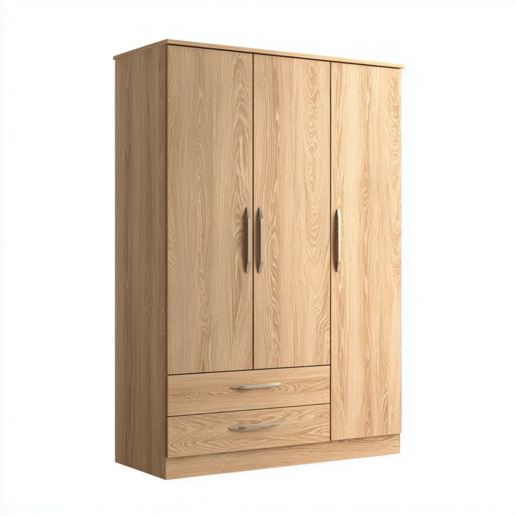 Armoire 3 portes et 2 tiroirs en MDF marron clair avec poignées en métal gris argenté
