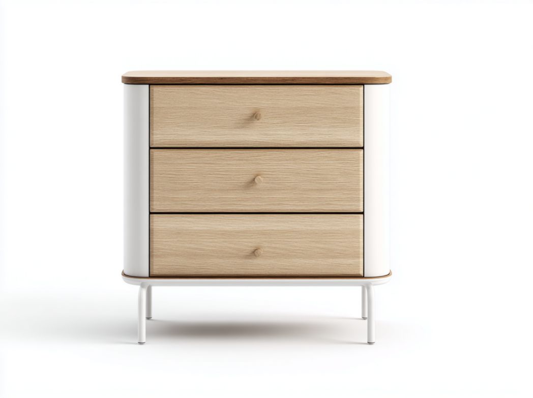 Commode en bois marron clair avec trois tiroirs et structure et pieds en métal blanc