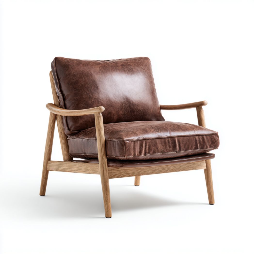 Fauteuil en similicuir marron foncé avec structure en bois marron clair