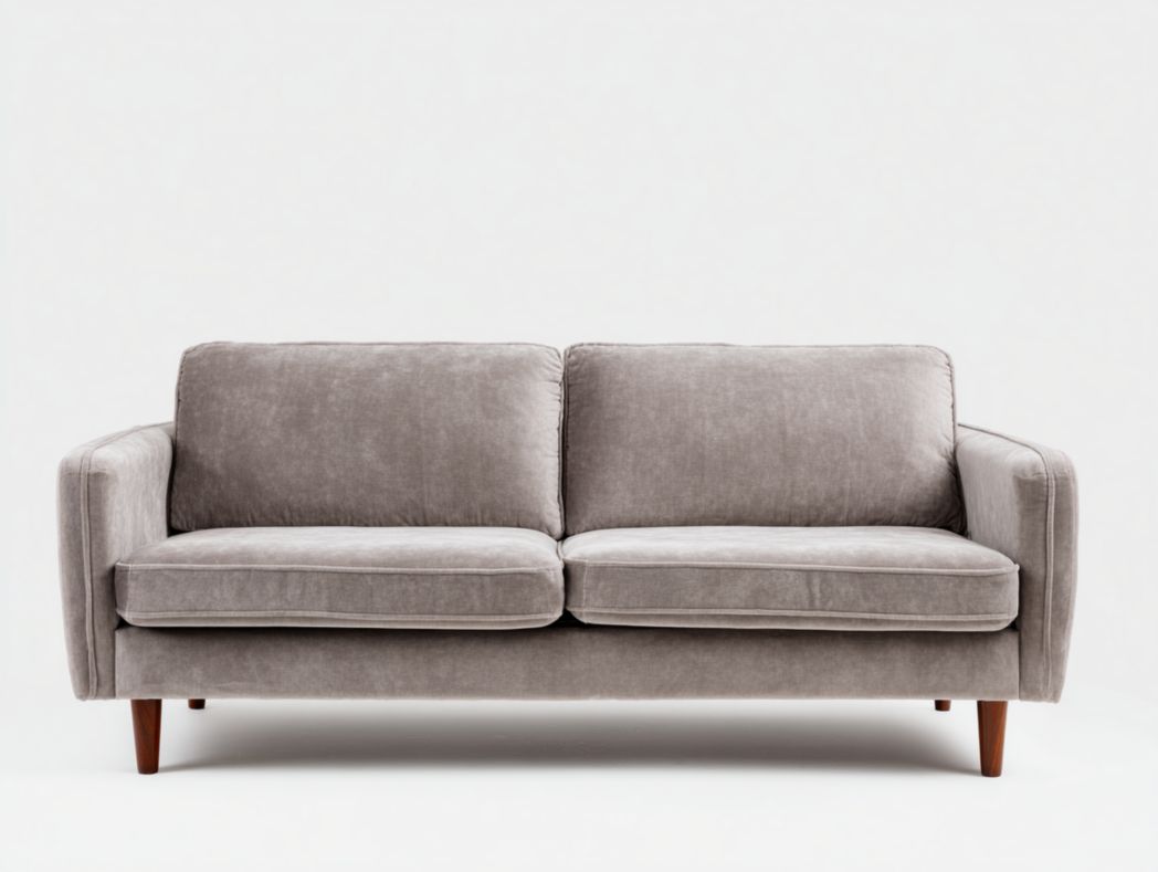 Canapé en velours gris clair avec pieds en bois marron clair
