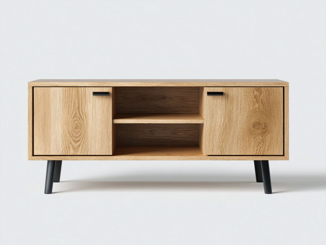 Meuble TV en bois marron clair avec pieds et poignées noirs