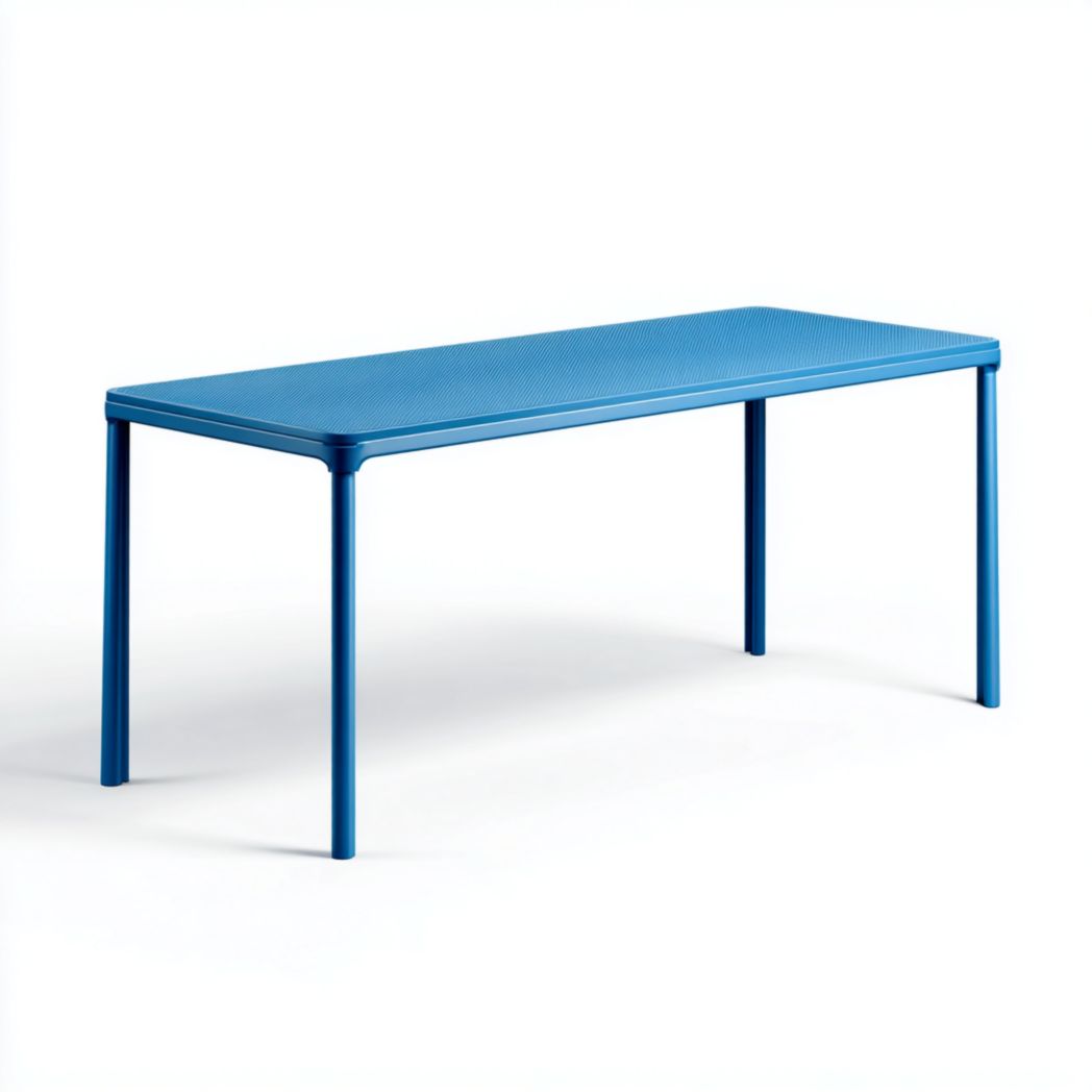 Table de jardin rectangulaire en métal bleu avec un plateau lisse et des pieds cylindriques