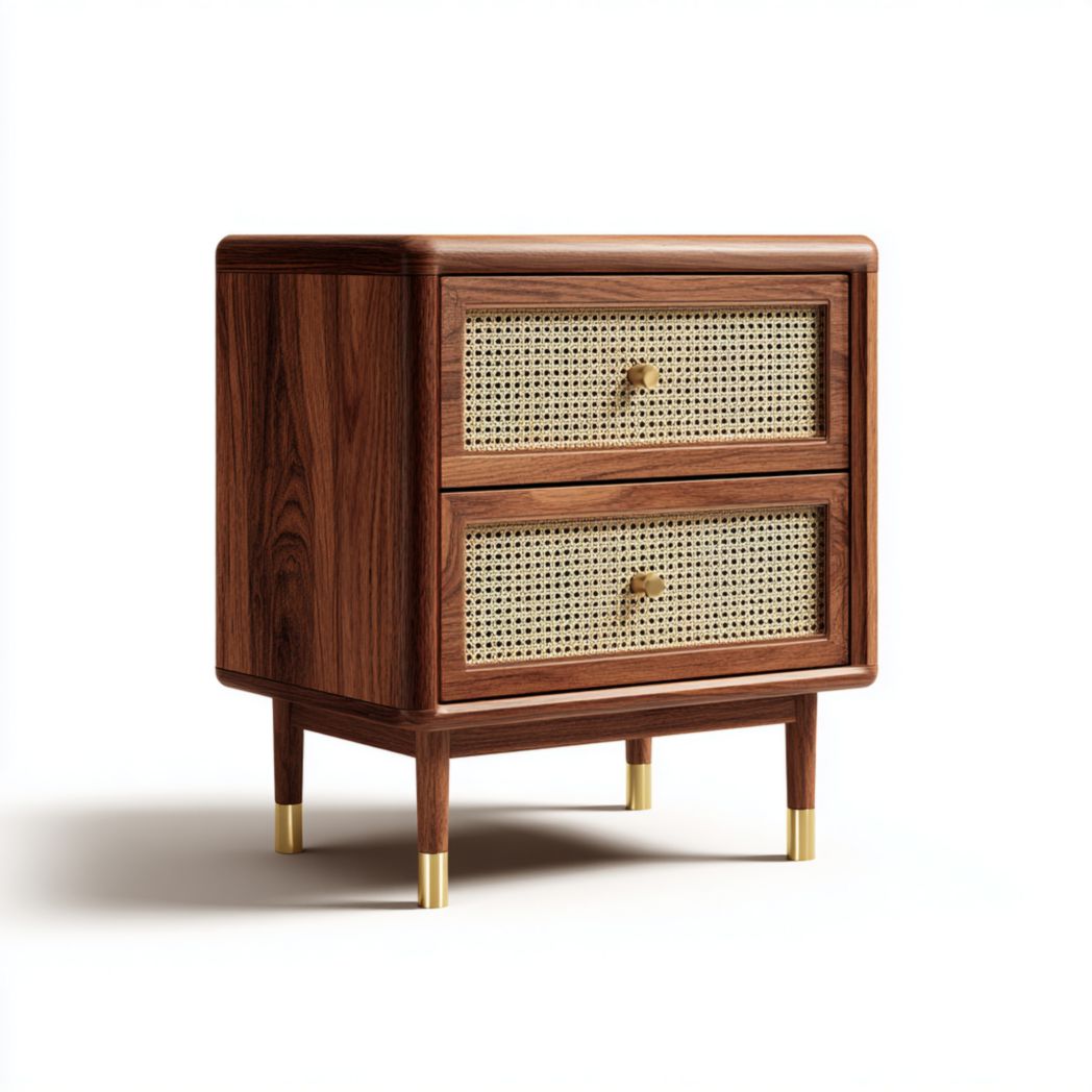 Table de chevet en rotin marron foncé avec deux tiroirs, poignées et embouts dorés