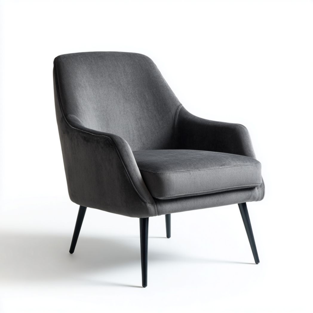 Fauteuil en velours gris foncé avec pieds en métal noir
