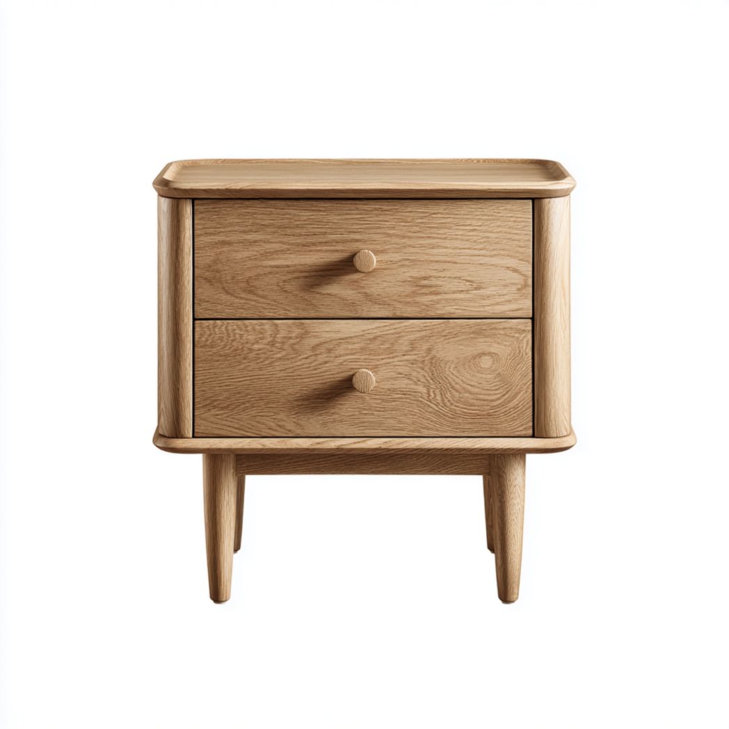 Table de chevet en bois marron clair avec deux tiroirs et poignées rondes