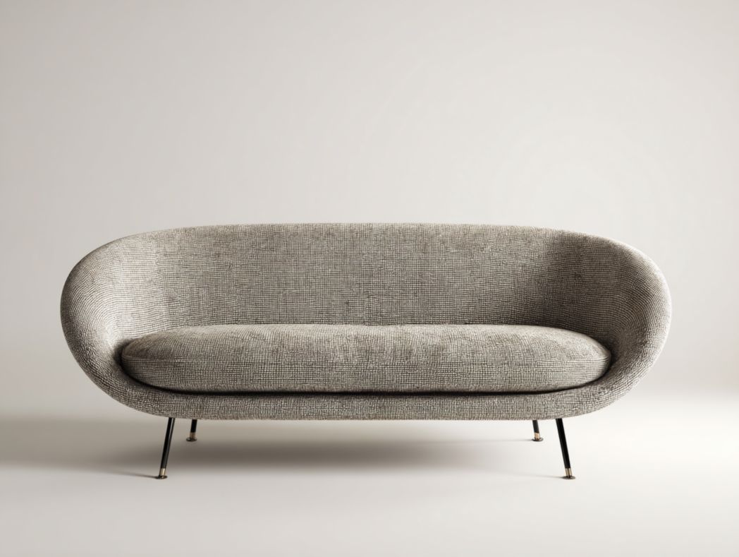 Canapé en tissu gris clair avec pieds en métal noir