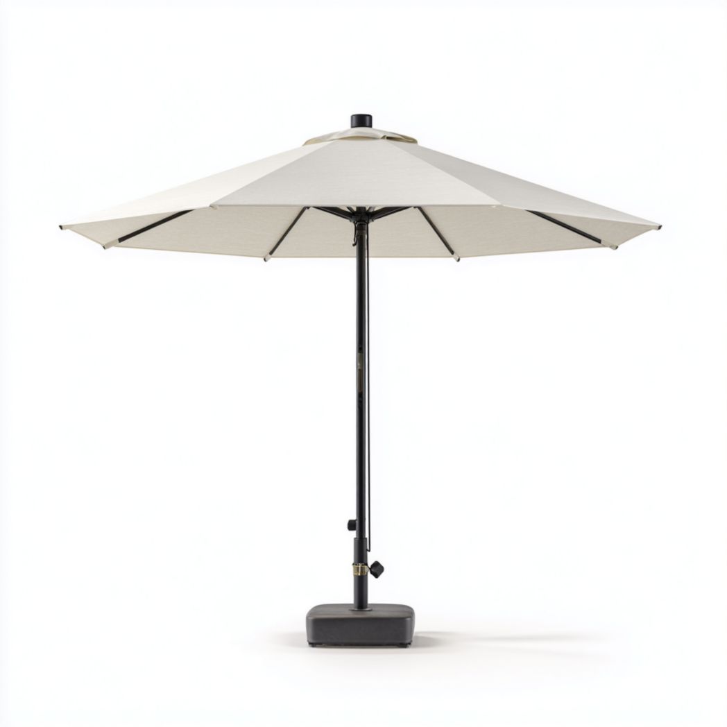Parasol droit beige clair avec mât et base en métal noir