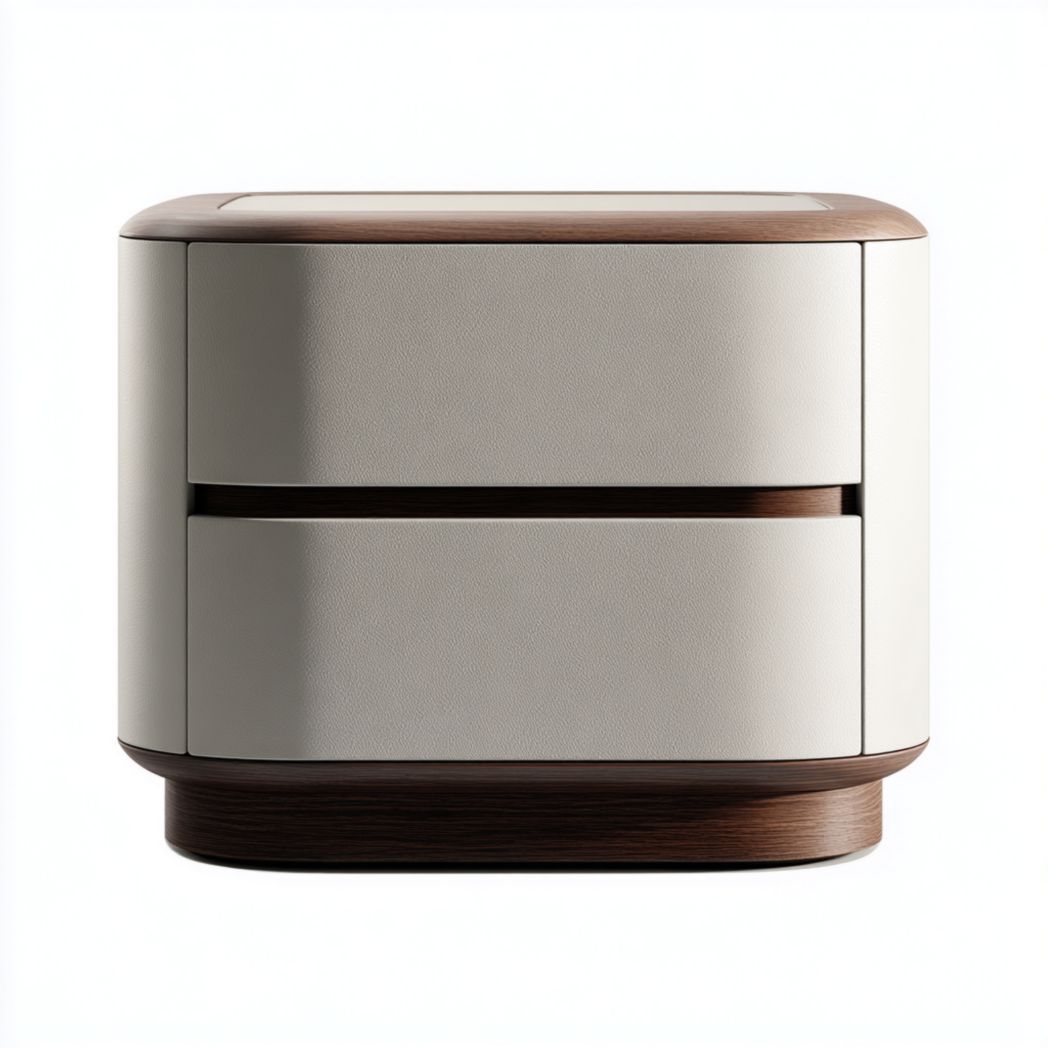 Table de chevet en cuir beige avec base marron foncé et deux tiroirs