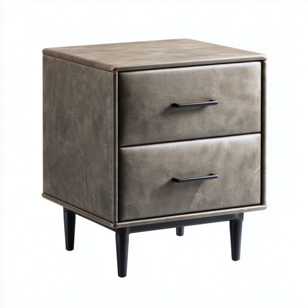 Table de chevet en cuir gris avec poignées et pieds noirs