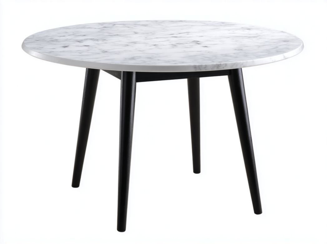 Table à manger ronde en marbre avec plateau blanc et gris et pieds noirs