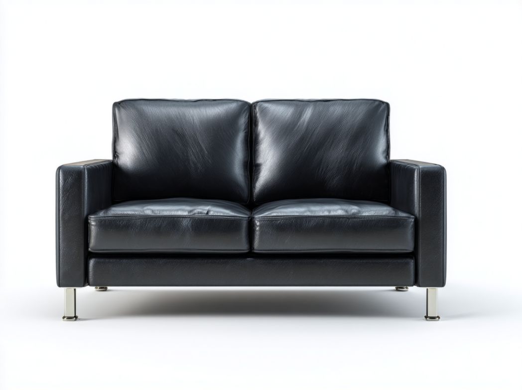 Canapé deux places en cuir noir avec pieds en métal