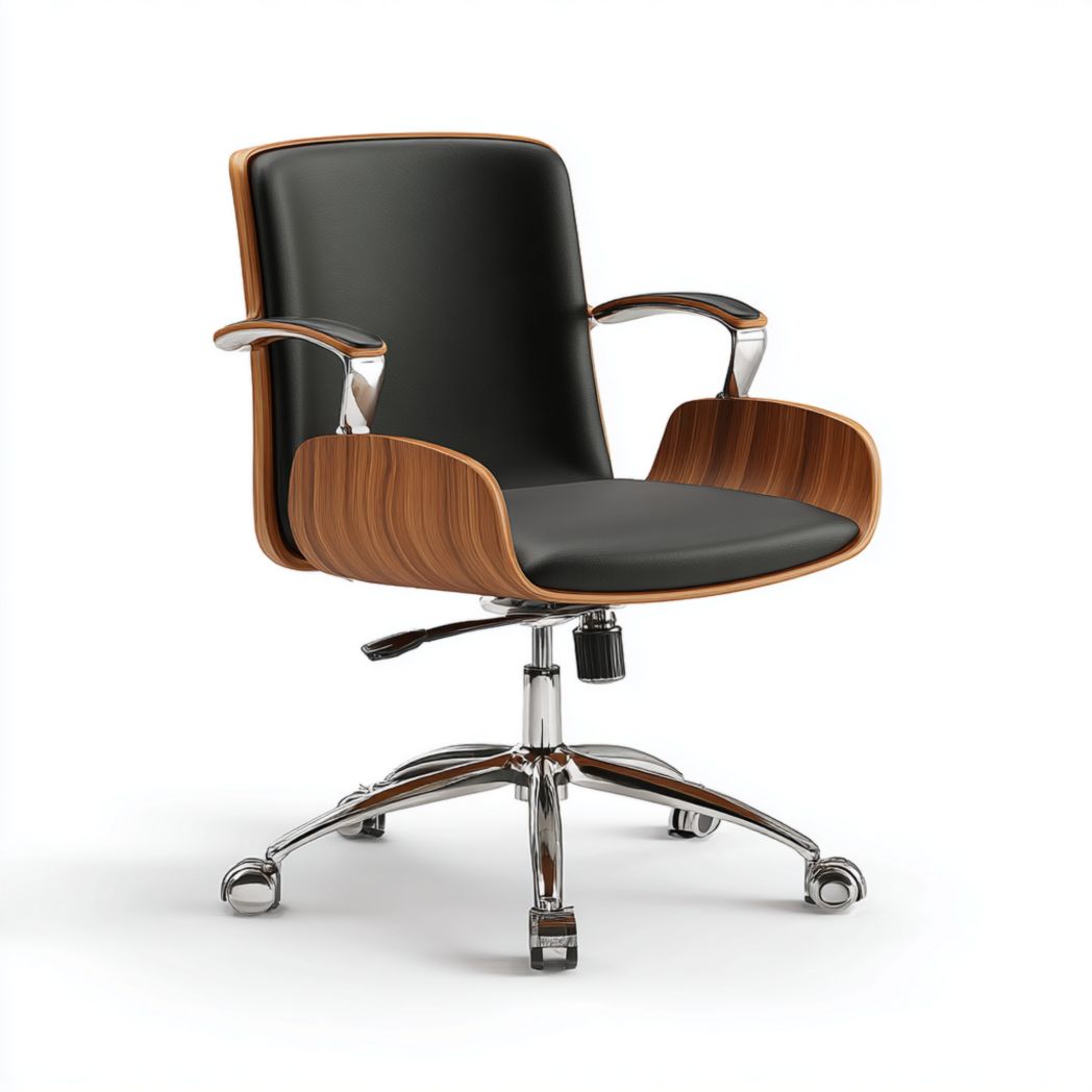 Chaise de bureau pivotante en cuir noir avec coque marron et base en métal argenté