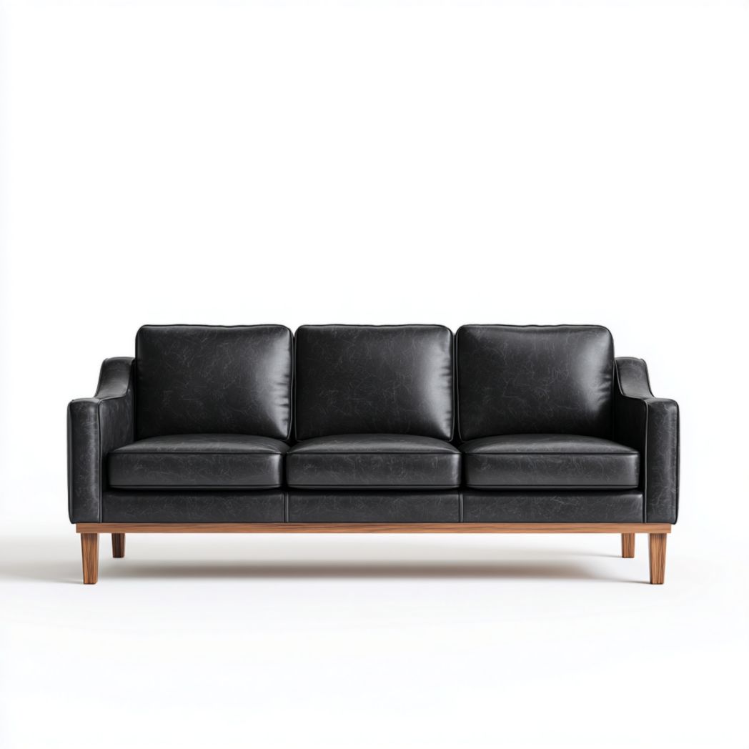 Canapé trois places en cuir synthétique noir avec pieds en bois marron